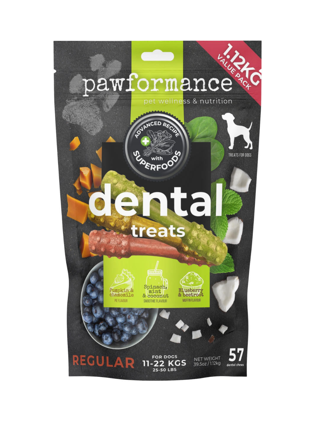 A package of Pawformance Advance Superfoods Dental Treats for Dogs, indicating the treats are for regular size dogs weighing 11-22 kg.
