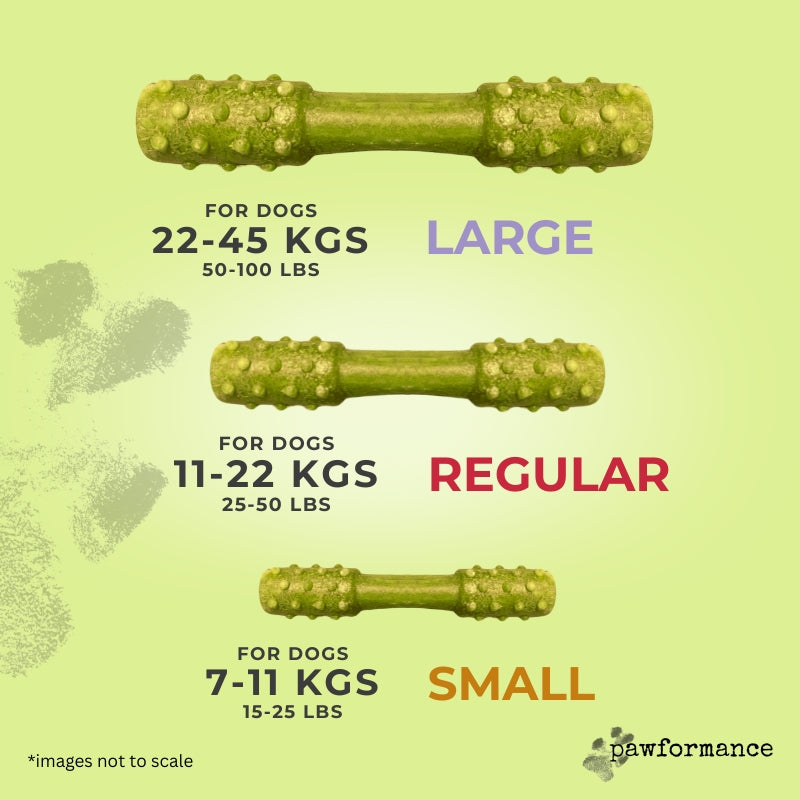 Three sizes of green dog chew toys with weight ranges and pawformance branding on a light green background.