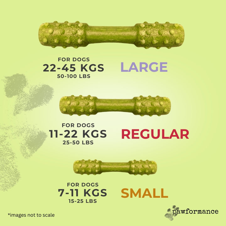 Three sizes of green dog chew toys with weight ranges and pawformance branding on a light green background.