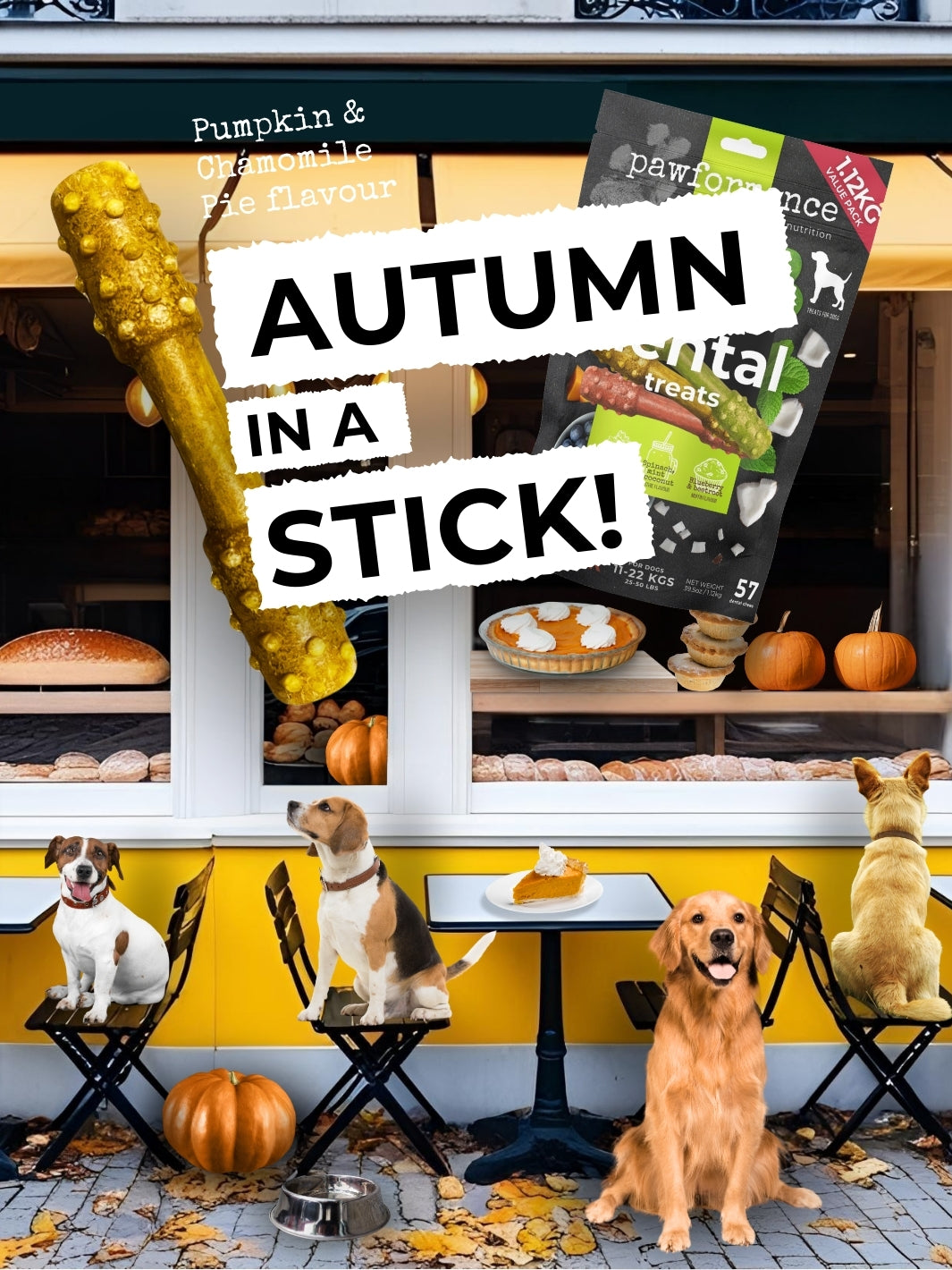 Promotional image with dogs around a table, pumpkins, and pet food products with 'Autumn in a Stick!' text.