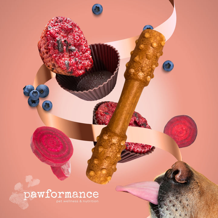 Dog toys and treats with pawprint design on a pink background, featuring the brand 'pawformance'.