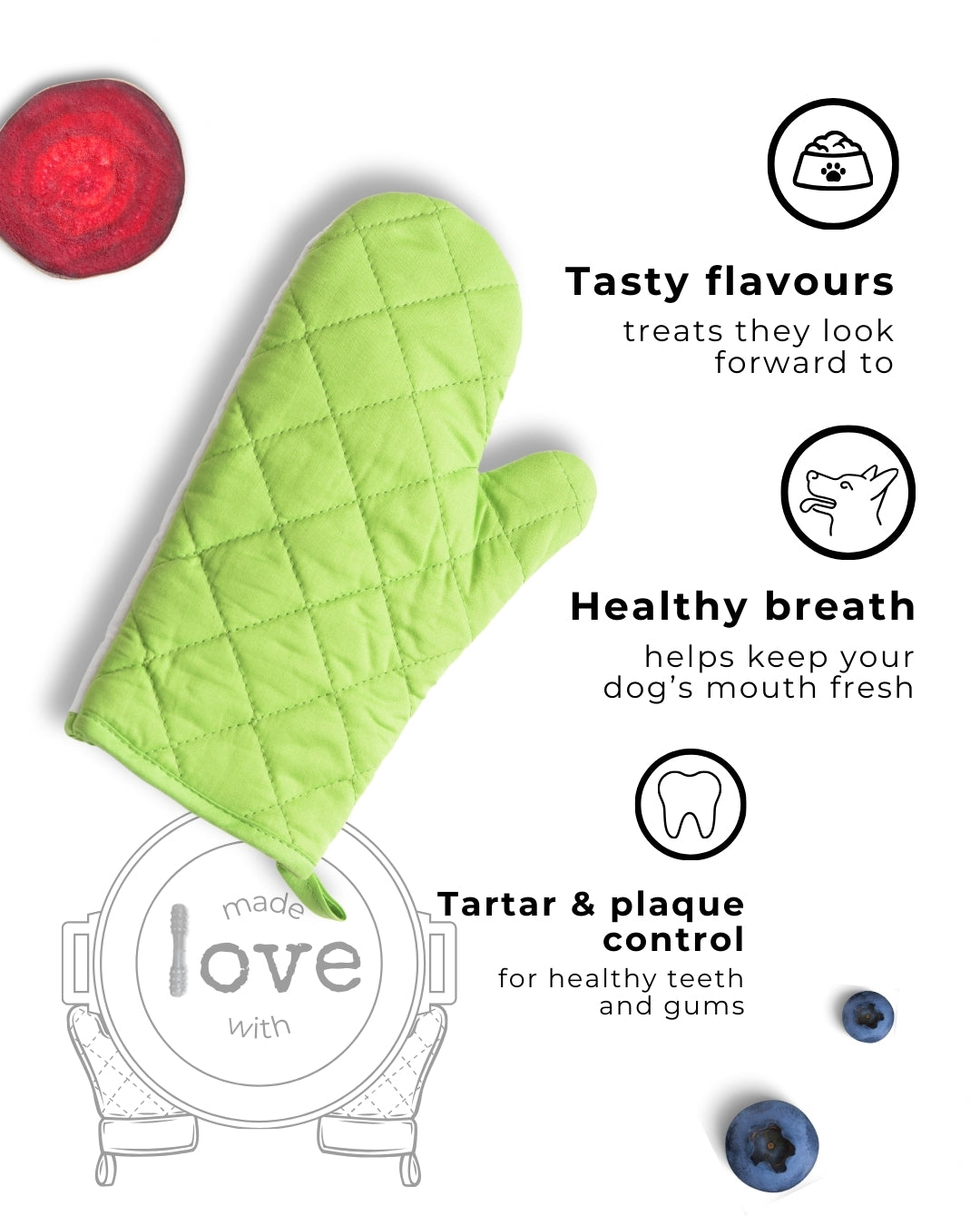 Green oven mitt with text about dog treats and dental health benefits on a white background