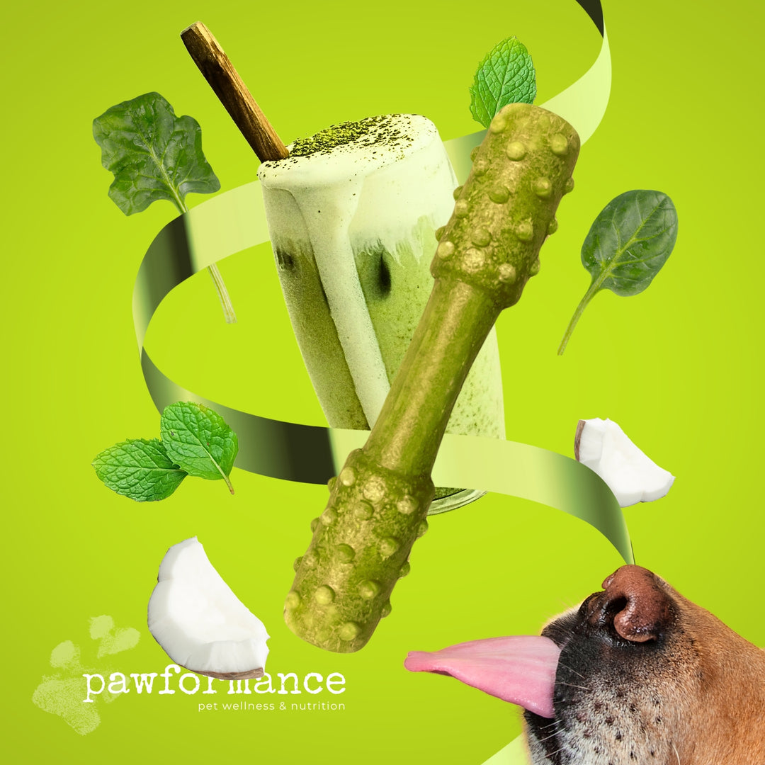 Green smoothie with a dog bone and dog treats on a green background, featuring the brand 'pawformance'.