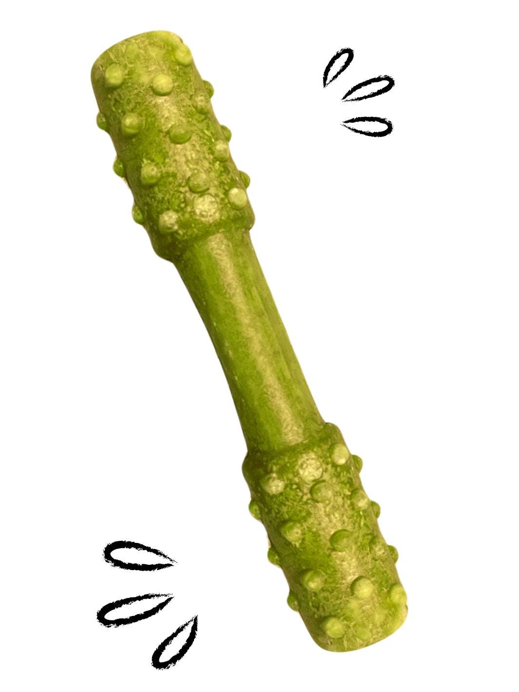 Green textured object resembling a dog chew toy on a white background