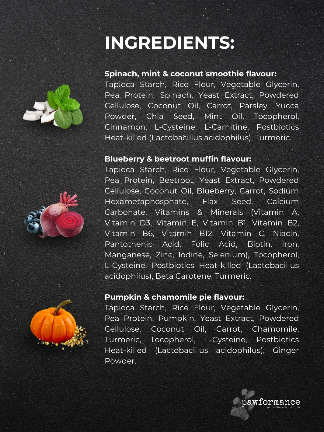 List of ingredients for different flavors on a dark background with icons.