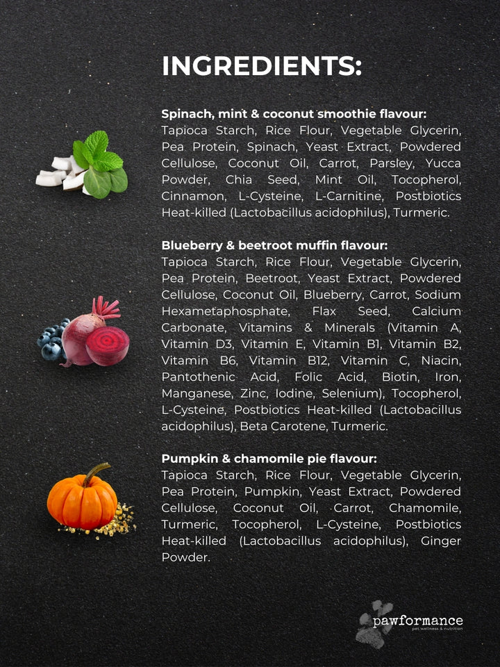 List of ingredients for different flavors on a dark background with icons.